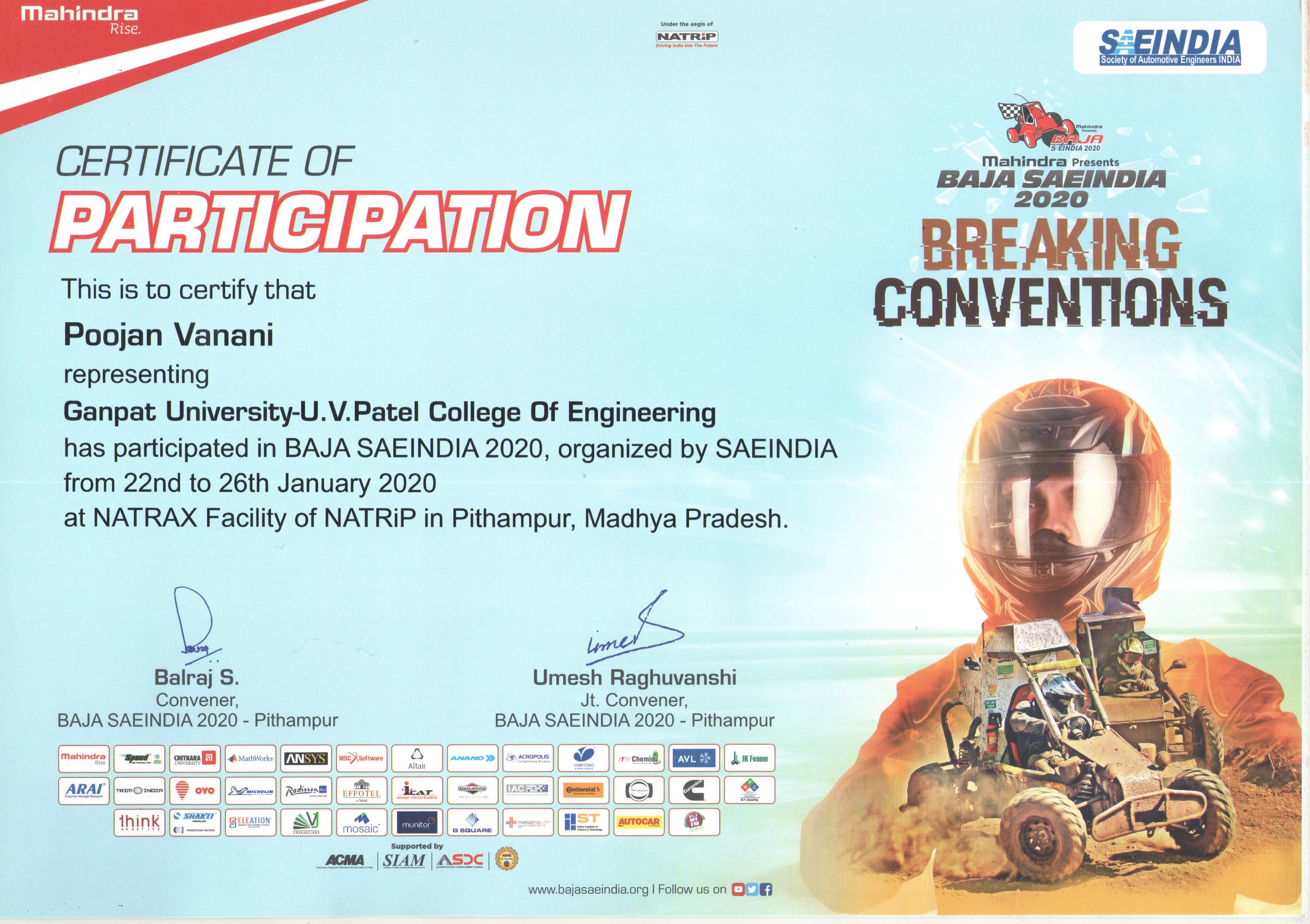 Baja SAEINDIA participation certificate