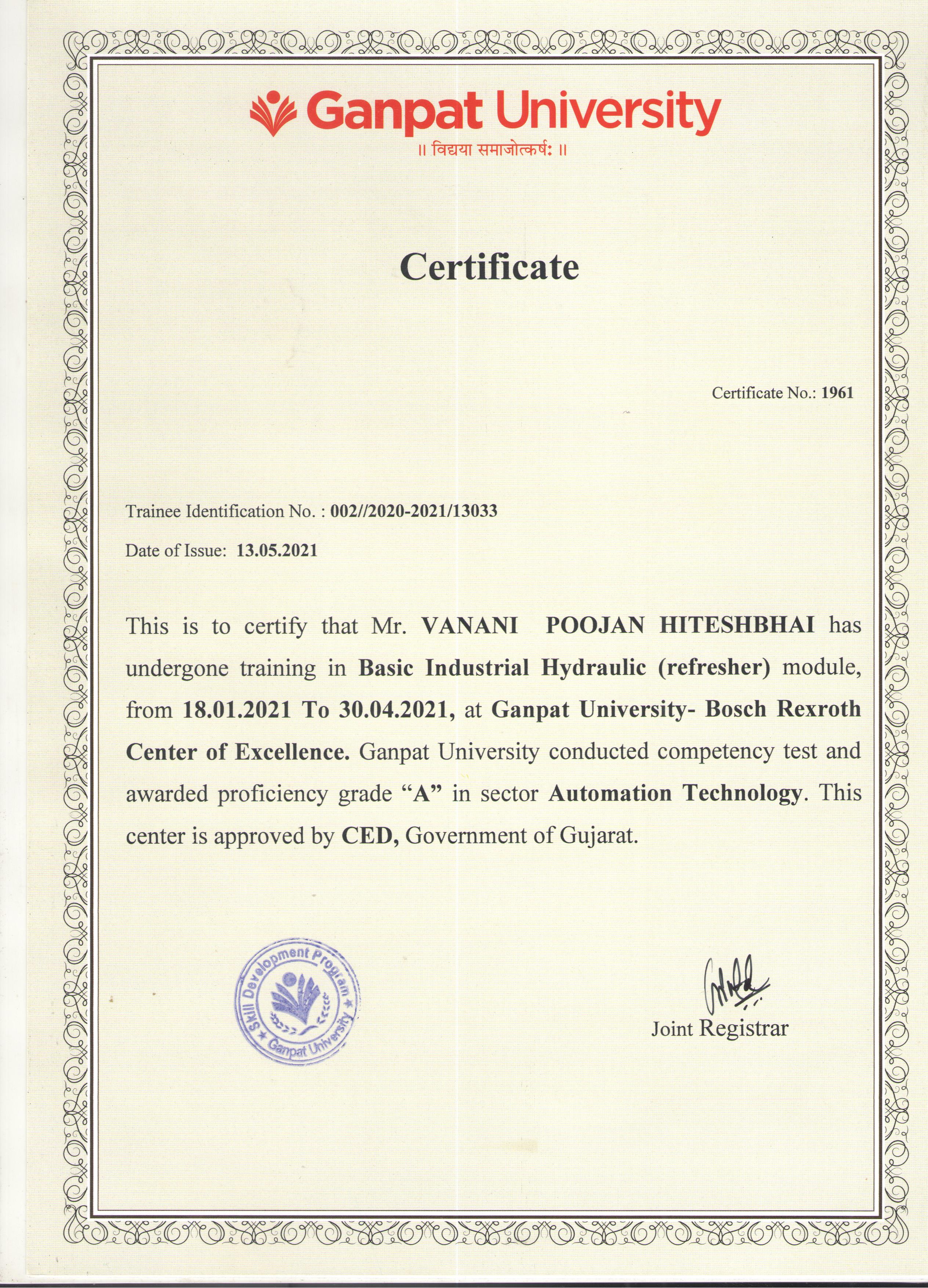 Basic Industrial Hydraulics certificate